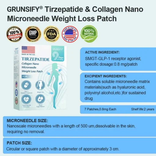 Grunsify® Nano-Microcrystal Patch: Tirzepatide + Collagen Dual Action for Fat Loss, Skin Tightening, and Sugar Control